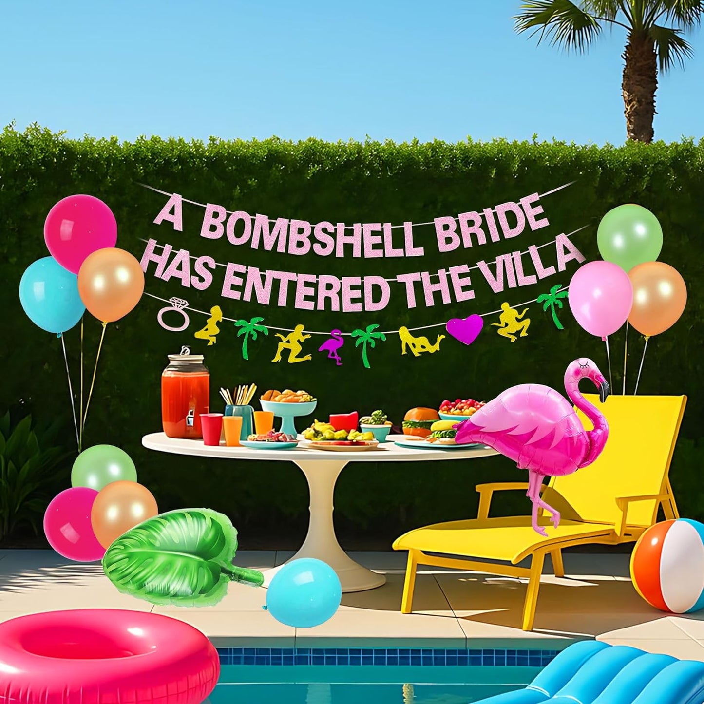A Bombshell Bride Has Entered The Villa Banner Palm Tree Ring Mylar Balloon for Love Island Themed Bachelorette Party Decorations