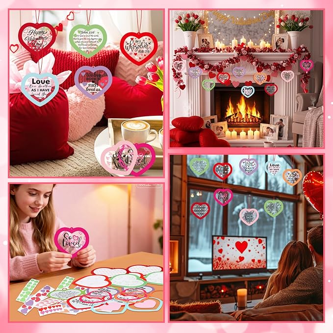 Frienda 48 Set Christian Valentines Crafts Religious Valentine's Day Craft Kit with Sticker DIY Christian Religious Hanging Ornament Make Your Own Sunday School Home Decor for Party Favors Activities