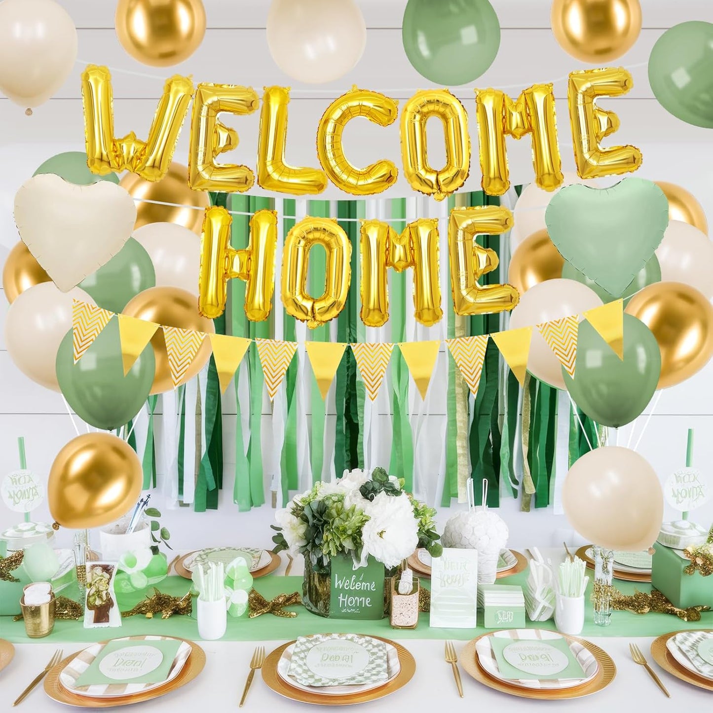 Welcome Home Decorations Green Gold,Gold Welcome Home Foil Balloon Banner with Sage Green White Heart Balloons Pennant Flag Bunting for Housewarming Baby Shower Home Family Party Supplies