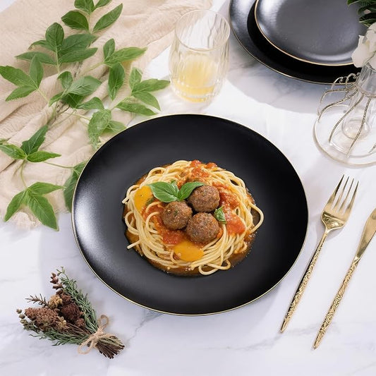 EI enjonirinjonir 80pcs Black and Gold Dinner Plates Disposable 10.25inch,Plastic Party Plates with Gold Rim,Black Plastic Matte plate Frosted Disposable Heavy Duty,Elegant for Wedding/Tea Party