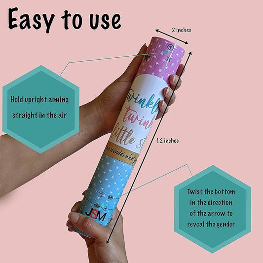 Gender Reveal Cannon Pink Confetti Confetti Poppers | Mommy to Be Sash in Satin White with Gold Letters | Themed Party: Twinkle Twinkle Little Star (Pink, Set of 2)