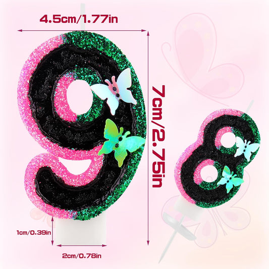 Birthday Number 7 Candles Pink Black and Green Butterfly Birthday Candles for Glitter Cake Topper with Sequins Decorations Girls Women Witch Theme Anniversary Celebrations Supplies
