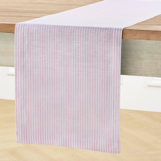 Solino Home Linen Table Runner 108 Inches Long - Narrow Stripe, 100% Pure Linen Pink and White Table Runner 14 x 108 Inch for Dining, Halloween