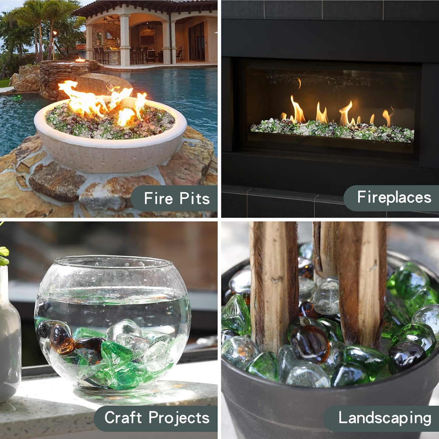 Mr. Fireglass 10 Pounds Blended Fire Glass Diamonds for Fireplace Fire Pit & Lanscaping - 1 inch High Luster Fire Rocks with Mixed Colors (Emerald Green+Crystal Ice+Amber)