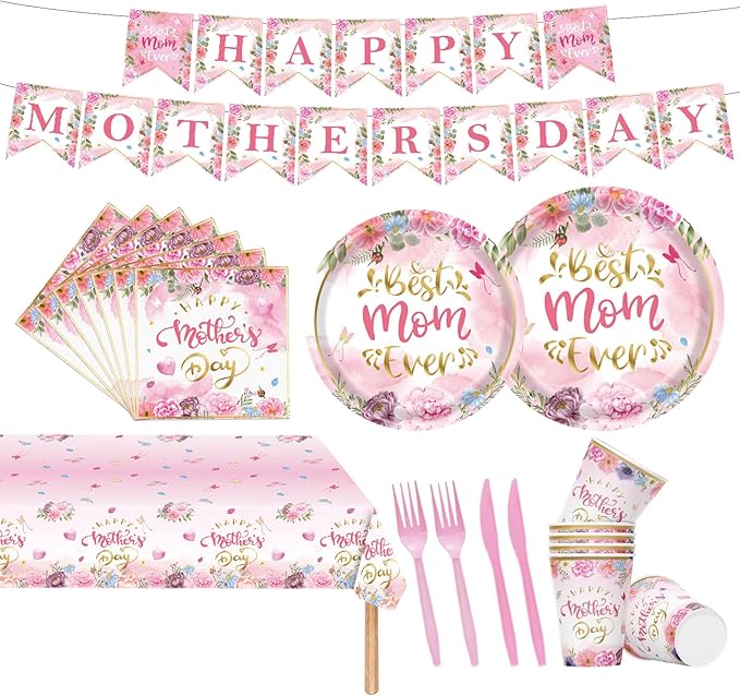 98 Pcs Mother's Day Party Supplies for 16 Guests | Floral Pink Tableware Set with Plates, Napkins, Cups & Banner