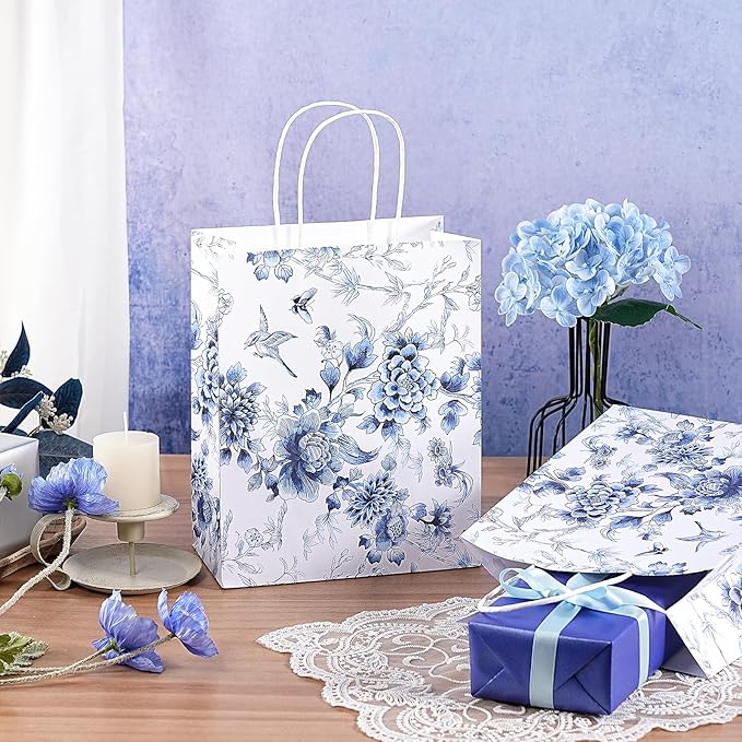 Loveinside Blue and White Flower Paper Gift Bag, Vintage Floral Deisgn with Handles Grocery Shopping Bags Candy Goodie Bags for Birthday, Wedding, Spring, Mother's Day, 8" x 4" x 10", 12 Pcs