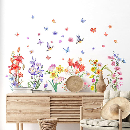 Watercolor Flower Wall Decals Stickers Birds Butterfly Floral Wall Stickers Removable Wildflower Wall Decor for Summer Girls Bedroom Living Room Nursery Decoration