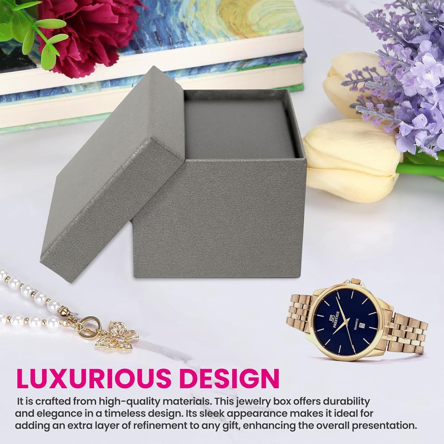 Novel Box Silver Jewelry Box for Watch/Bangles 4x4x3 Inches - Watch/Bangle Gift Box for Proposal Wedding Engagement - Faux Leatherette Jewelry Display Box - Gift Presentation Boxes for Watch/Bangles