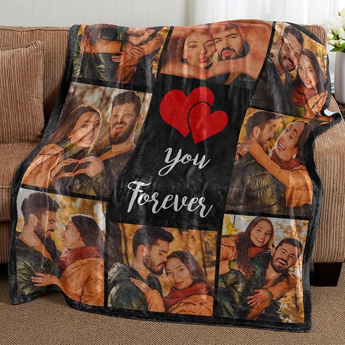 Ships Next Day Custom Blanket with Picture Text Personalized Throw Blanket Photo Collage Blankets Customized Valentines Day Gifts for Couple Girlfriend Boyfriend Her Him Wife Husband