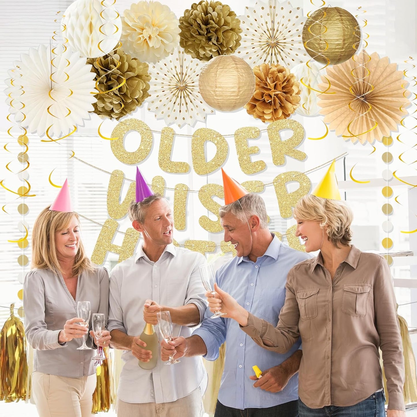 Roetyce Birthday Party Decorations, Gold Glitter Older Wiser Hotter Banner Photo Background for Women Men, Funny Happy Birthday Backdrop Decor, 30th 40th 50th 60th 70th 80th Party Supplies