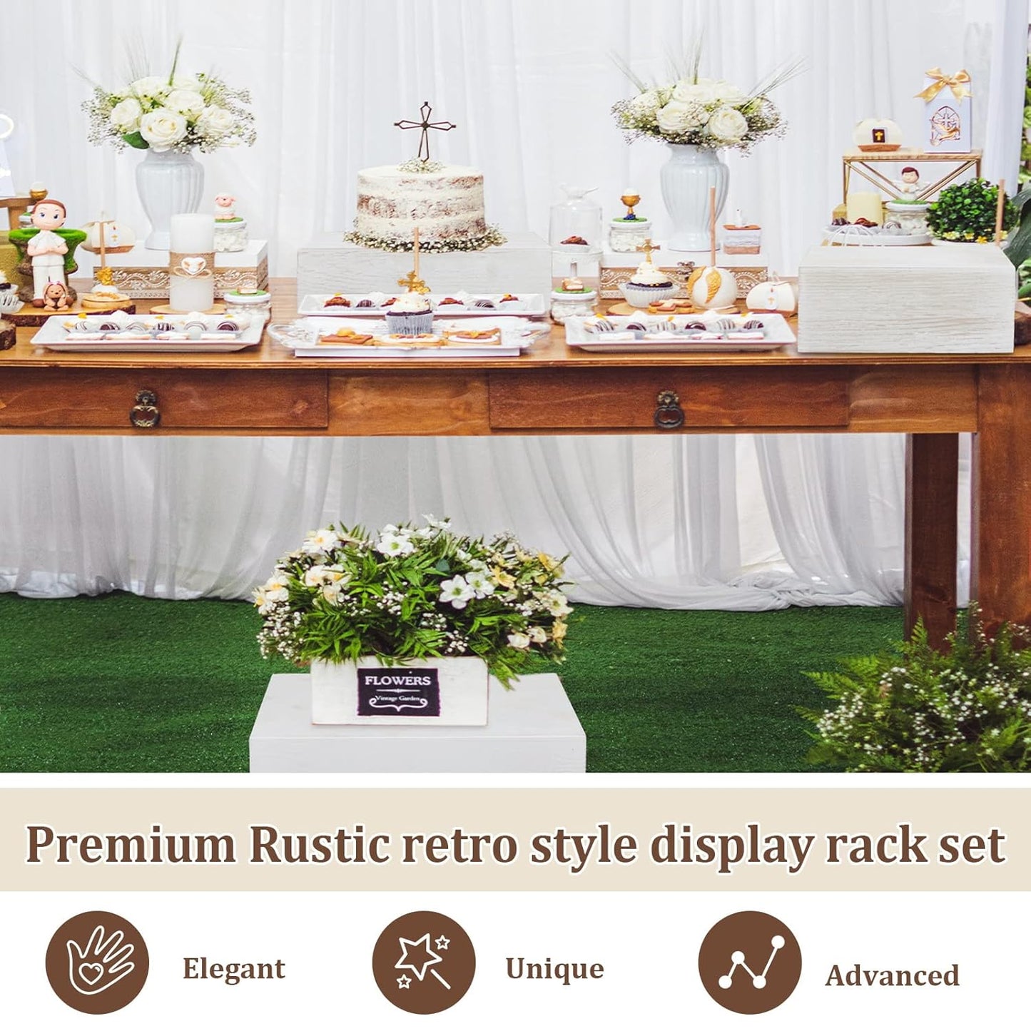 Roowest Set of 4 Large Wood Display Risers Size 11.8",10",7.8",6.3",Rustic Cupcake Stand Wood Cake Stands Wooden Display Risers for Table Dessert Wedding(Vintage White)