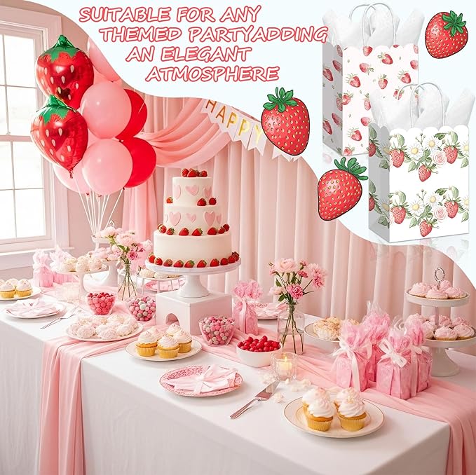 Kolldenn 24 Pcs Strawberry Party Gift Bags with Handles Paper Treat Goodie Bags Scalloped for Birthday Decoration for Bridal Baby Shower Tea Party Supplies