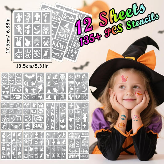 135 PCS Temporary Tattoo Stencils for Kids and Adults Halloween Party Supplies, 12 Sheets Halloween Ghost Witch Bat Glitter Tattoo Stencil for Boys Girls, Face and Body Paint Stencils Kit, Reusable