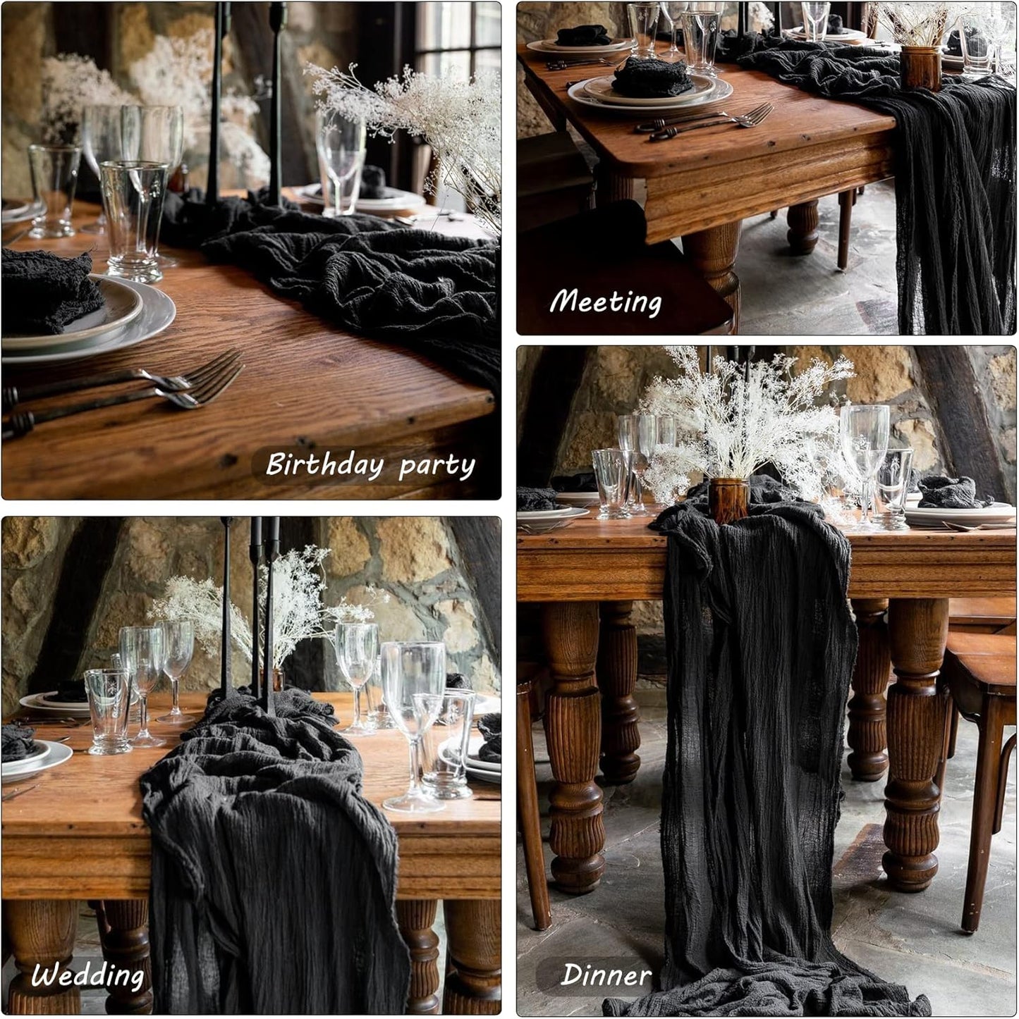 12 Pack 10Ft Cheesecloth Table Runner 35x120 Inch Boho Gauze Table Runner Rustic Cheese Cloth Long Romantic Table Runners for Wedding Bridal Shower Birthday Party Table Decor (Black)