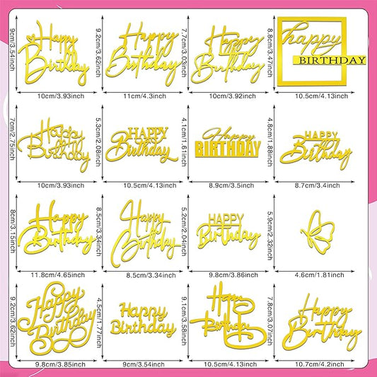 15Piece Gold Happy Birthday Cake Toppers Acrylic Mirror Inserts for Cakes Cupcakes Desserts 15 Styles