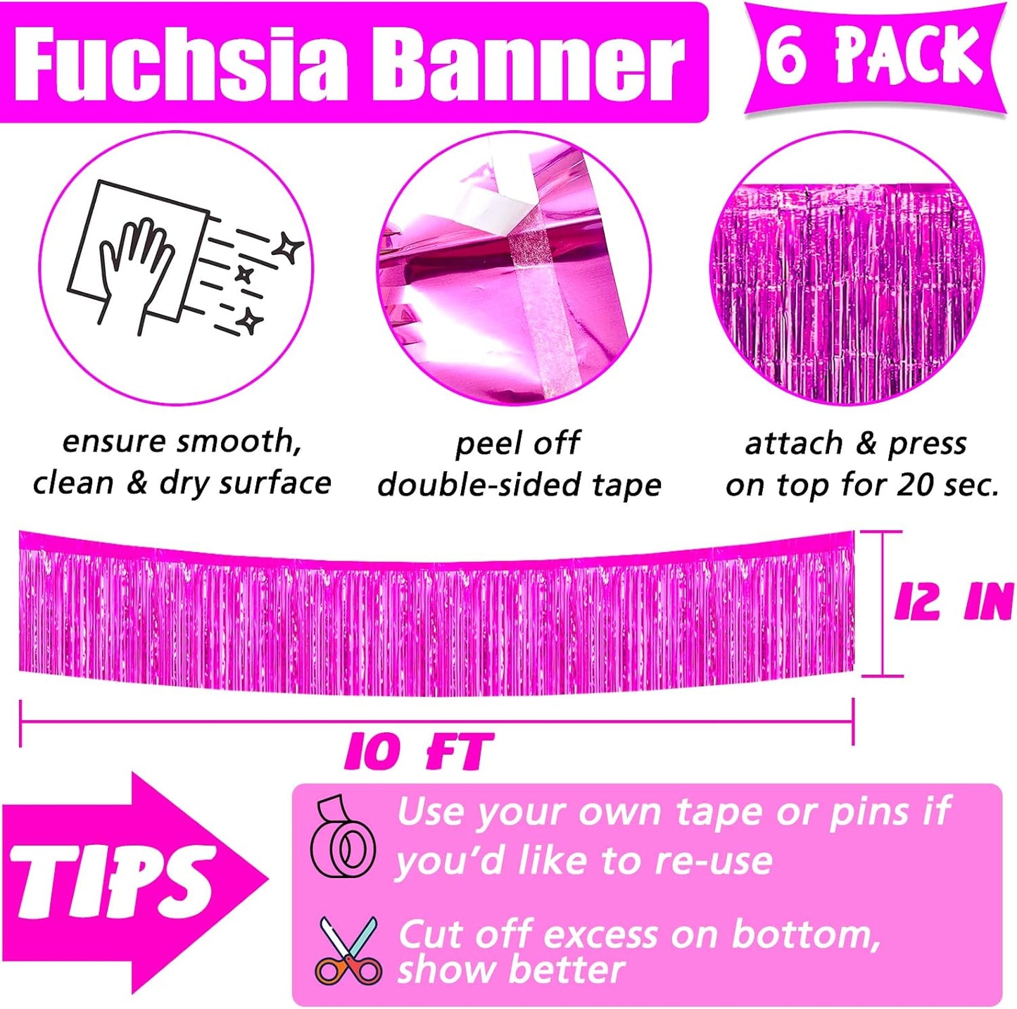 6 Pack 10 Feet Foil Fringe Garland Metallic Tinsel Banner Wall Hanging Curtain Streamers Backdrop for Parade Floats Bachelorette Wedding Birthday Party Thanksgiving Christmas Decorations(Fuchsia)