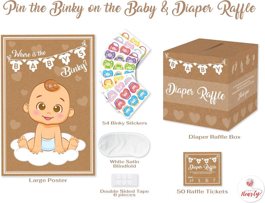 Party Hearty 2 Baby Shower Games, Pin The Pacifier on The Baby Game and 50 Pcs Diaper Raffle Tickets with Box, Bring a Pack of Diapers to Win, Pin The Binky