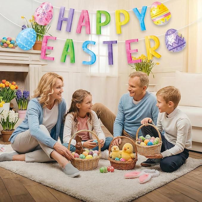 Happy Easter Decorations Banner - DIY Paper Eastesr Banners, Spring Watercolor Eggs Sign Garland Backdrop for 2026 Easter Indoor Outdoor Home Office Fireplace Wall Party Decor Supplies Favors Props