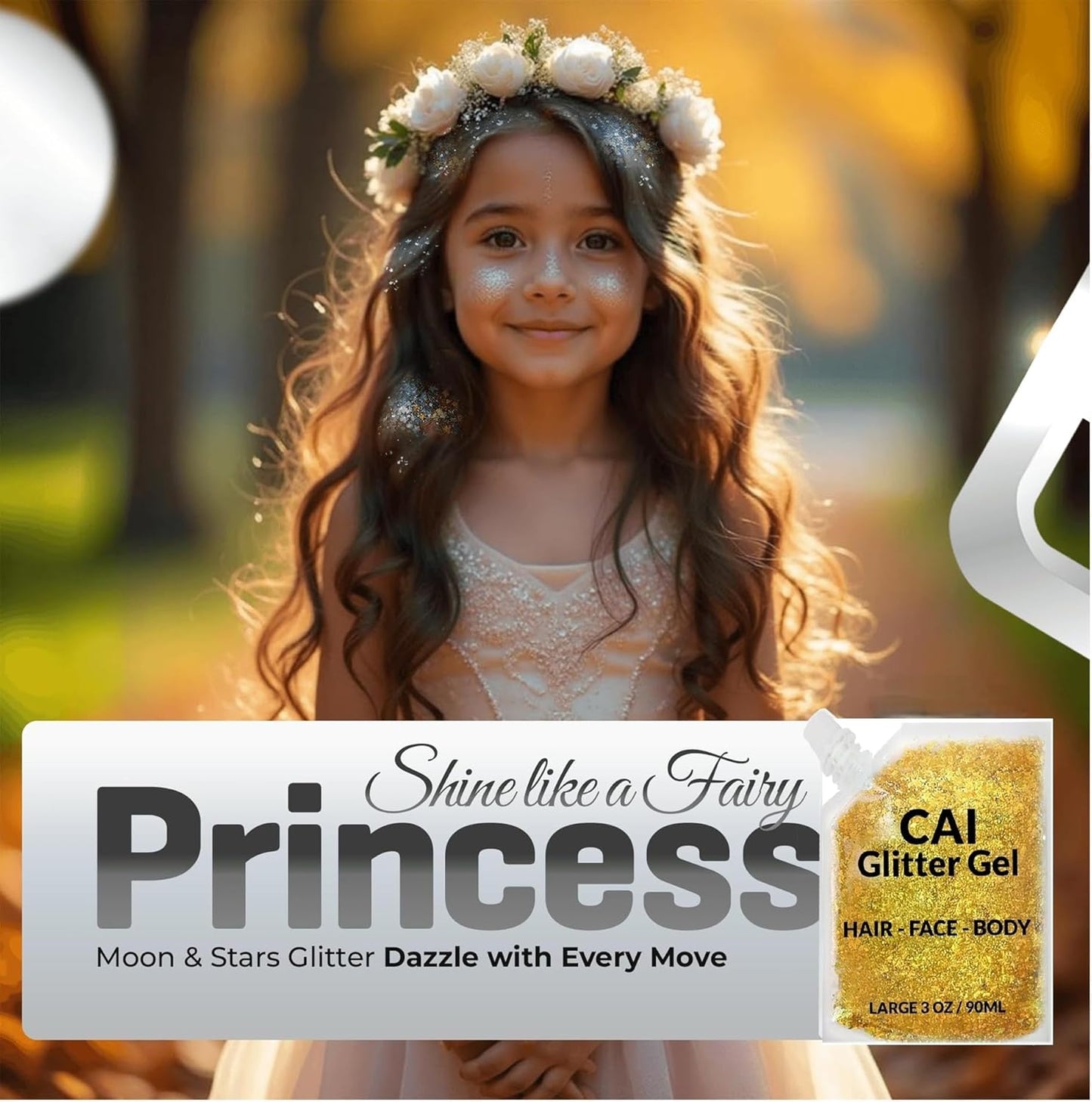 Face, Body & Hair Glitter Gel – Halloween Glitter for Kids and Women – 3 Oz Cosmetic-Grade Gel w/Moon & Stars for Festivals & Halloween Party, Easy Apply & Wash Off - Gold 2Pack