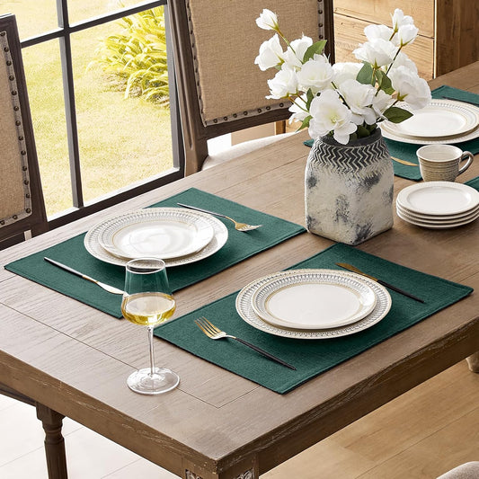 Romanstile Cloth Placemats Set of 4-12 x 18 Inch, Heat Resistant Double Layered Thickened Burlap Christmas Place Mats, Washable Linen Farmhouse Table Mats for Kitchen/Dining/Party/Outdoor, Green