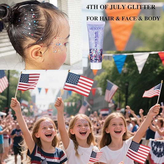 MEICOLY Red White and Blue Body Glitter,4th of July Patriotic Accessories Hair Glitter for Kids,4th of July Outfits for Women,Self-Adhesive Face Glitter for President's Day Veterans Day