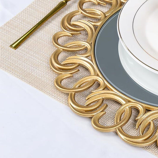 MAONAME 13" Gold Charger Plates Set of 12, Mirror Charger for Dinner Plates, Plastic Plate Chargers with Embossed Rims, Round Chargers for Table Setting, Wedding