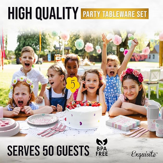Exquisite 350 Pcs birthday Plastic Plates For Party, birthday Disposable Plates Set, 50 Of Each 9" Dinner Plate Set, 7" Dessert Plate, Cups, Napkins & Cutlery Plastic Dinnerware