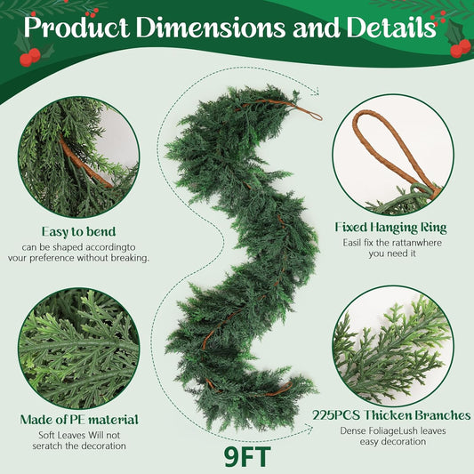 Christmas Cedar Garland with Soft Thickness Pine,Thick and Lush,Artificial Green Faux Cedar Pine Garland for Christmas Winter Home Mantel Fireplace Holiday Party Décor (9FT)