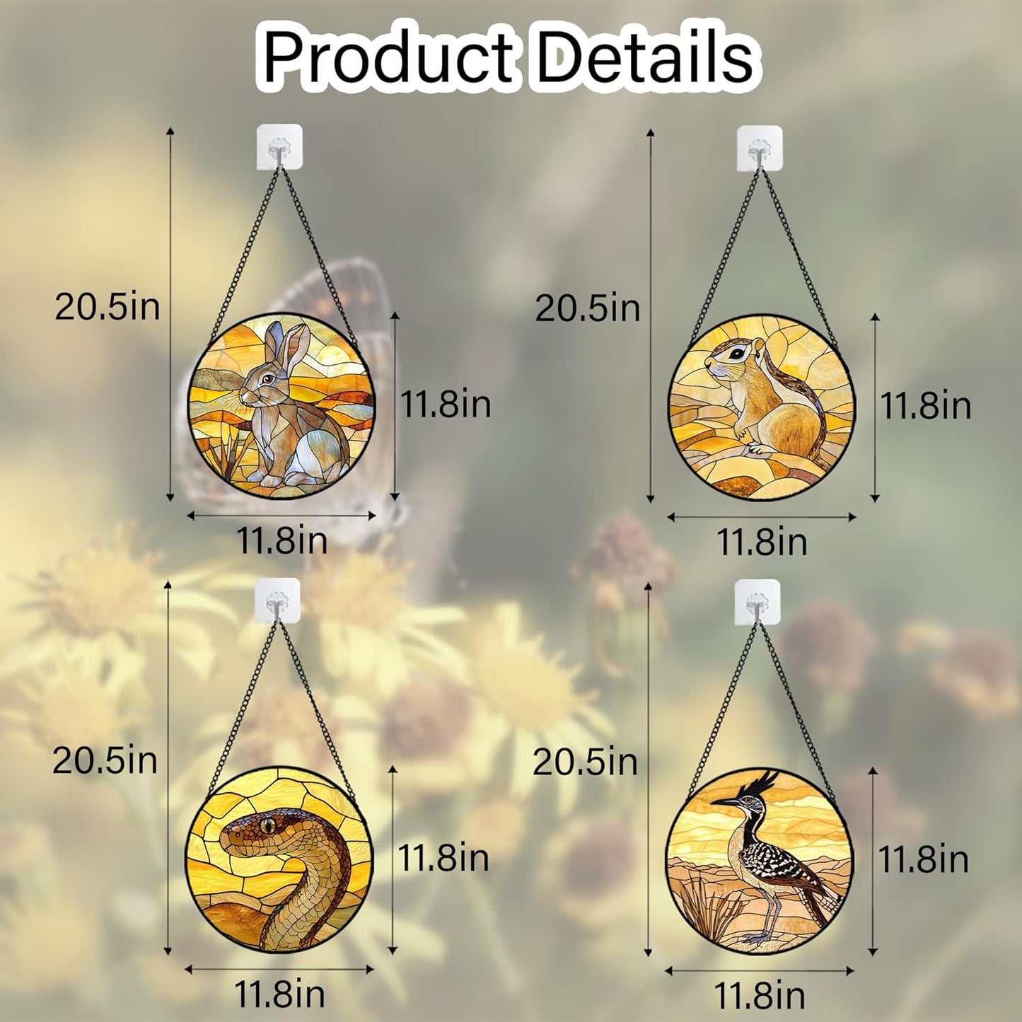 Stained Glass Window Hanging 4 Pcs Set Animals Large 11.8" - Desert Landscape Yellow Suncatcher Door Garden Sun Catcher Decor Birthday Christmas for Mom Woman Nana Men