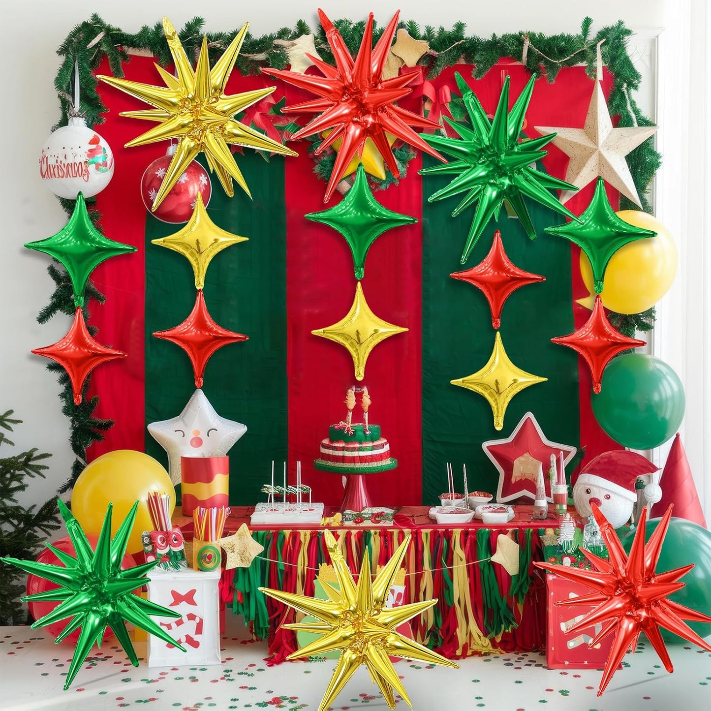 Red Green Gold Star Balloons Kit - 6 22-Inch Cone Foil and 10 10-Inch Four Pointed Balloons for Christmas Birthday Anniversary Party Decorations