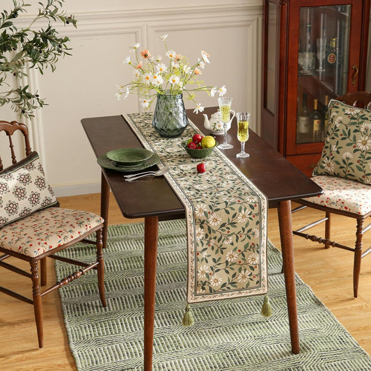 ISAENNE Designer Green Elegant Linen Extra Long Table Runner 118 Inches,Flower and Leaves Pattern Wrinkle Resistant Table Runners for Dining Tables,Thanksgiving,Kitchen Tables,Christmas,12"*118"-Brune
