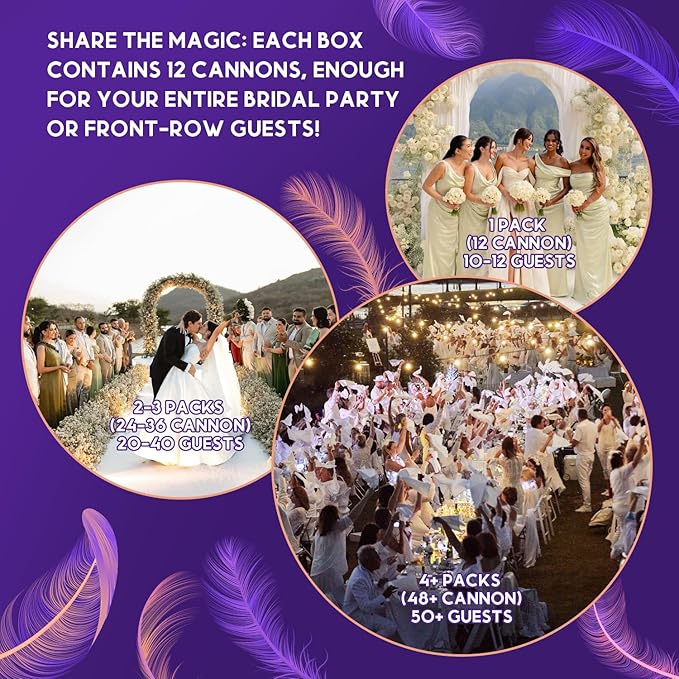 White Feather Confetti Cannon 12 Pack, 12" Biodegradable Wedding Confetti Poppers with Slow-Falling Real Feathers, Premium Party Poppers for Wedding Send Off, Bridal Shower & Celebrations