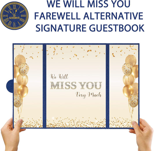 DARUNAXY Blue Gold Farewell Party Decorations, We Will Miss You Very Much Alternative Signature Guest Book for Men Women Going Away Gifts Signing Card Board for Retirement Graduation Party Supplies
