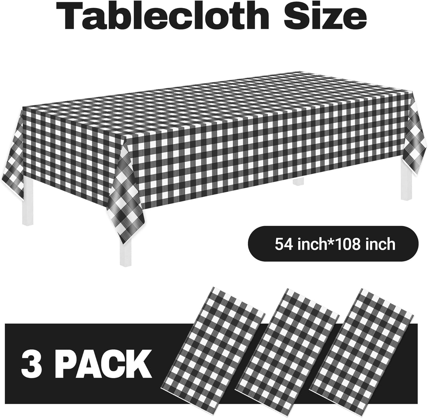 Childom 3 Pack Black and White Checkered Tablecloths 54"x108" Disposable Plastic Table Cloths Buffalo Plaid Tablecloths for Home,Halloween,Picnic Table Covers for Pizza Party,Race Car Birthday Decors