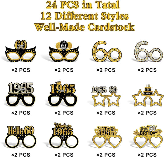 24Pcs 1965 60th Birthday Paper Glasses Decorations for Men Women - Black Gold Happy 60th Birthday Paper Eyeglasses Photo Props, Vintage 1965 Sixty Years Old Birthday Party Supplies