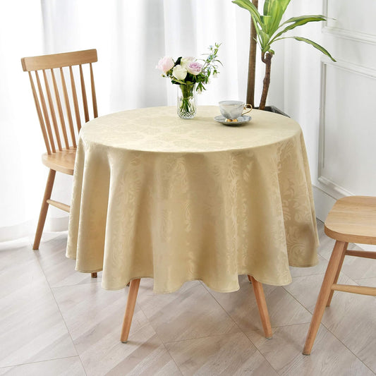 maxmill Jacquard Round Table Cloth Damask Design Waterproof Antiwrinkle Heavy Weight Soft Tablecloths for Circular Table Cover and Kitchen Dinning Tabletop Round 70 Inch Beige