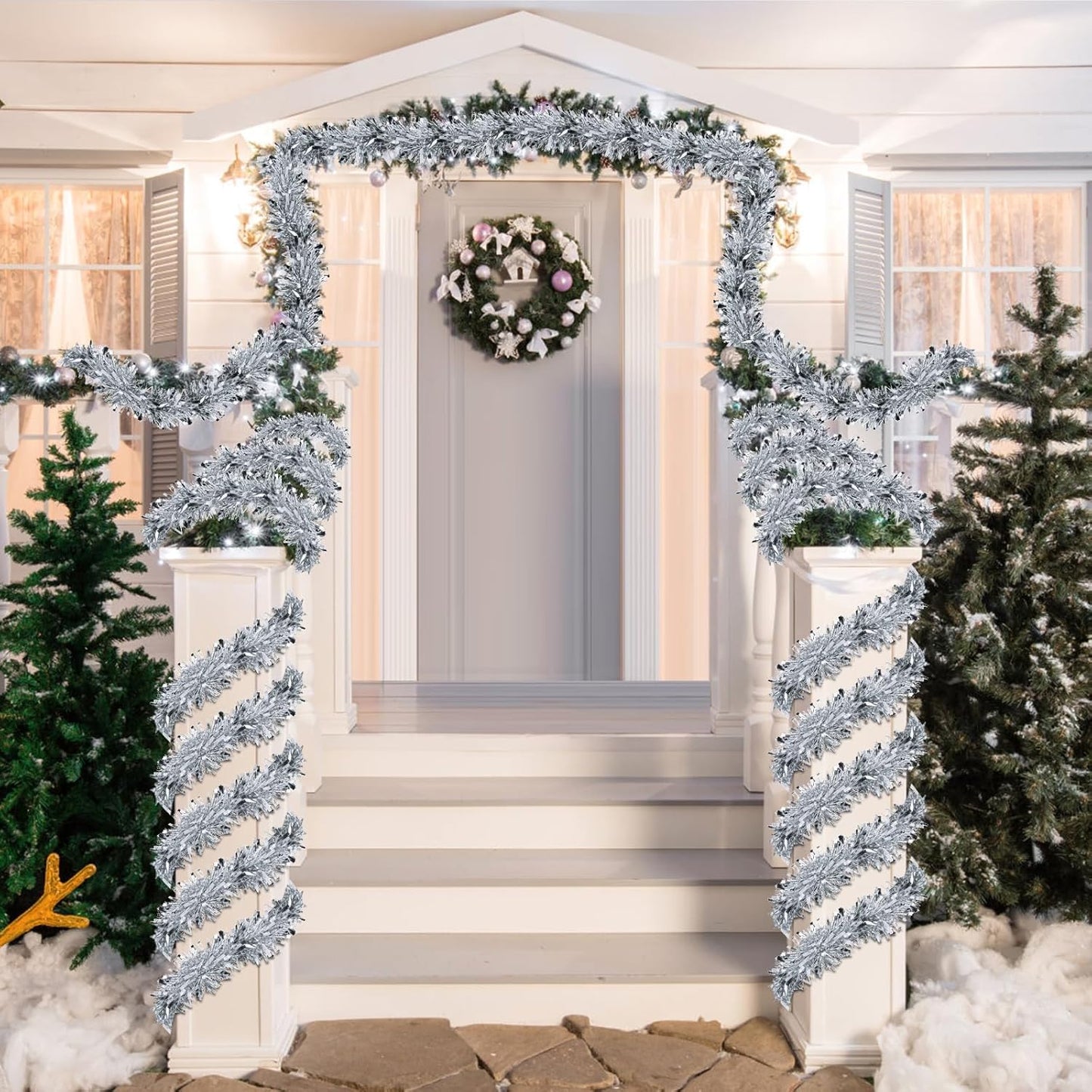 50FT Silver Christmas Tinsel Garland - Metallic Tinsel Garland for Christmas Tree Decoration, Xmas Tree Decor Home Indoor Outdoor Party Supplies