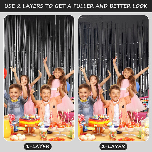 QRabbit 4 Pack Black Tinsel Foil Fringe Curtains - 3.3x6.6 Ft Metallic Party Streamers Backdrop for Birthday Wedding Christmas Party Decor, Self-Adhesive Photo Booth Wall Door Decorations