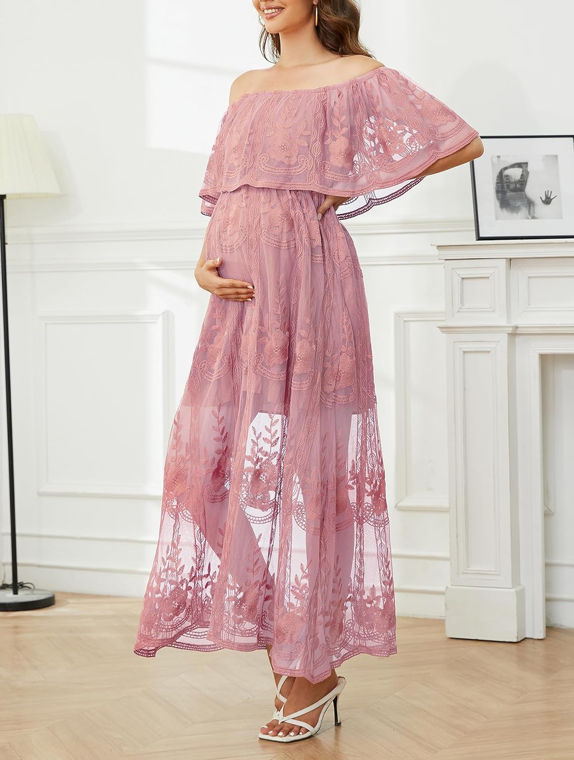 HOYISHION Women's Off The Shoulder Floral Lace Maxi Dress White Bridesmaid Wedding Party Maternity Photoshoot Long Dresses