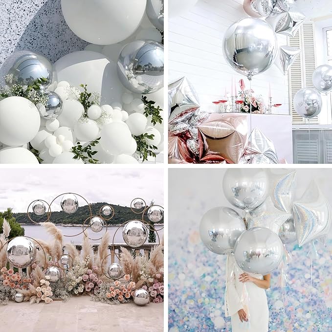 PartyWoo Metallic Silver Foil Balloons 3pcs 50 Inch Large Round Foil Big Giant 4D Jumbo Inflatable Mirror Ball Mylar Balloons for Graduation Birthday Engagement Space Themed Party Decorations