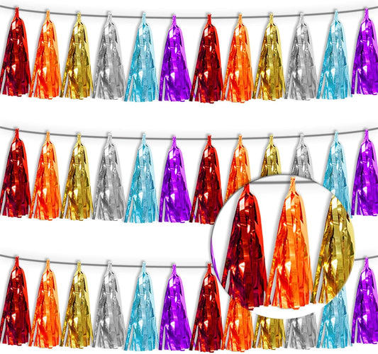 3P Lake Blue Orange-Red-Gold-Silver-Purple Tassel Banner Garland Metallic Foil Fringe Banner Tinsel Tassels Streamer Banner Backdrop for Parade Floats,Graduation Wedding Party Decorations