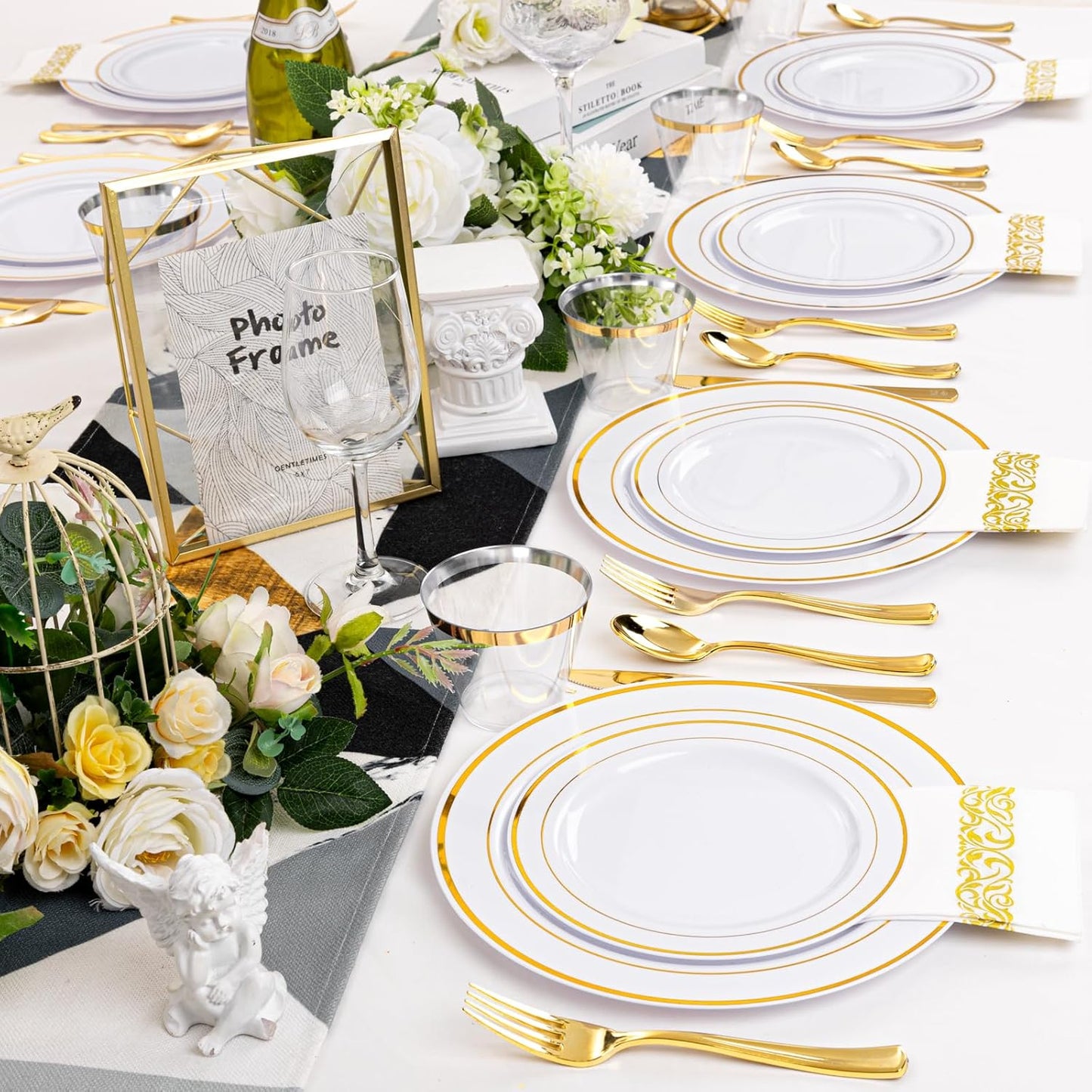 175 Pcs Gold Dinnerware Set, Plastic Plates Disposable for 25 Guests Include:25 Gold Rim Dinner Plates, 25 Dessert Plates, 25 Paper Napkins, 25 Cups, 25 Silverware Set Perfect for Party