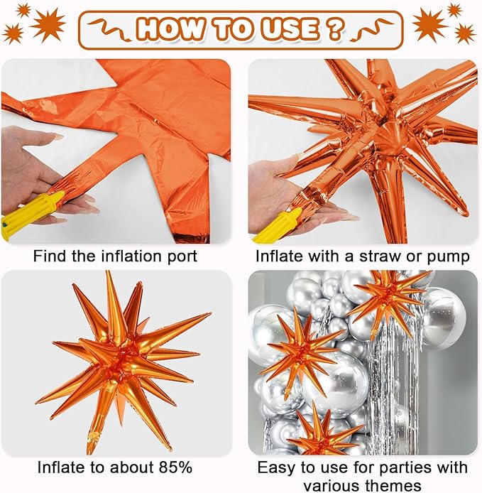 Black Purple Orange Star Balloons,9Pcs 22Inch Black Orange Purple Explosion Spike Cone Helium Polyester Film Star Foil Balloons for Halloween Birthday Baby Shower Party Decorations