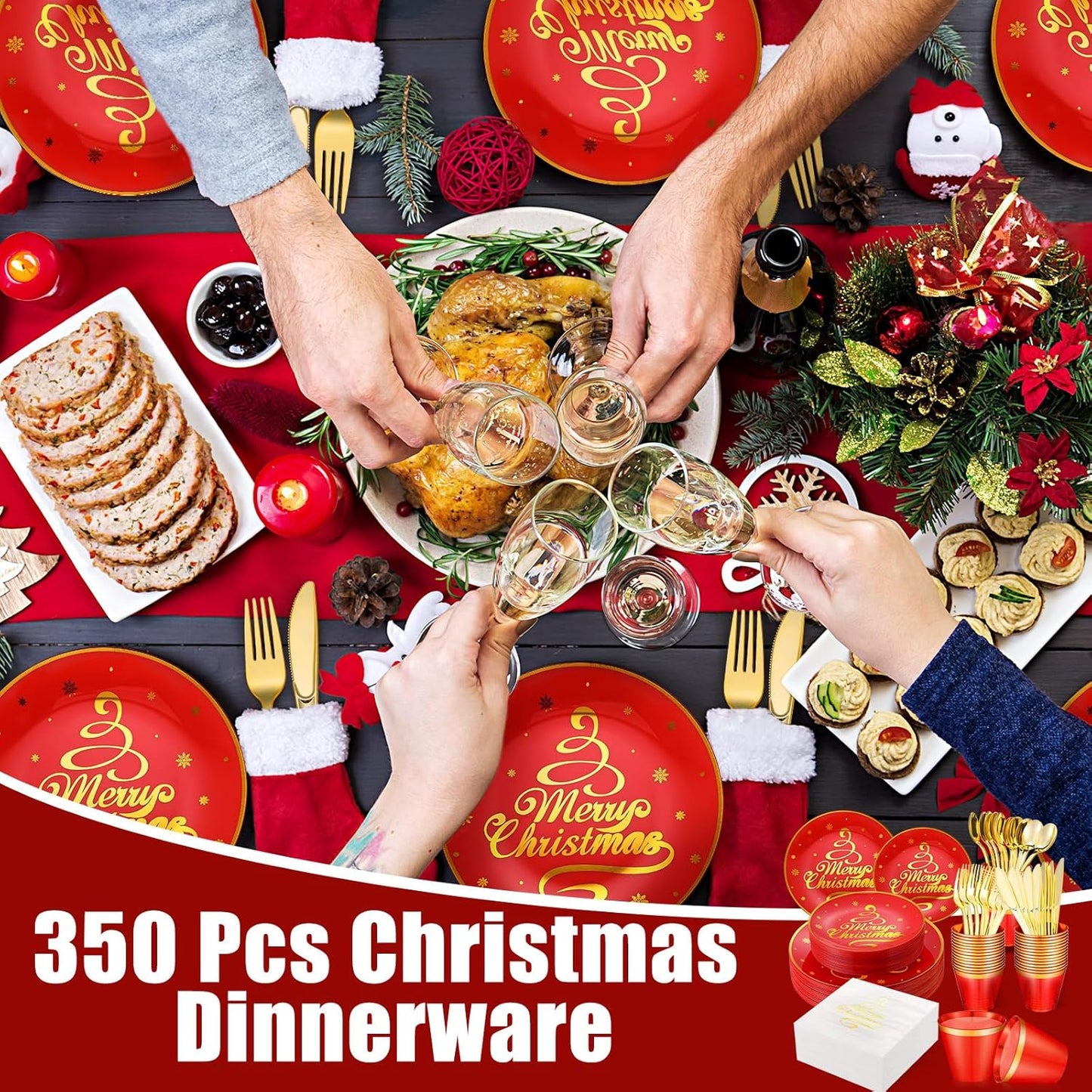 Sliner 350 Pcs Christmas Plastic Tableware Bulk, Red and Gold Tableware Set, Disposable Xmas Dinnerware with Dinner Plates, Dessert Plates, Forks, Knives, Spoons, Cups, Napkins for Holiday Party