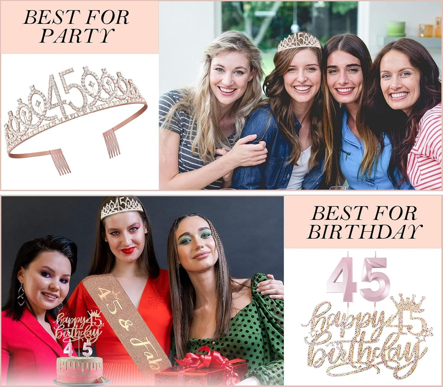 45th Birthday Gifts Decorations for Women, Including 45 year old Cake Topper, Birthday Queen Sash with Pearl Pin, Sweet Rhinestone Tiara Crown, Number Candles and Balloons Set, Rose Gold