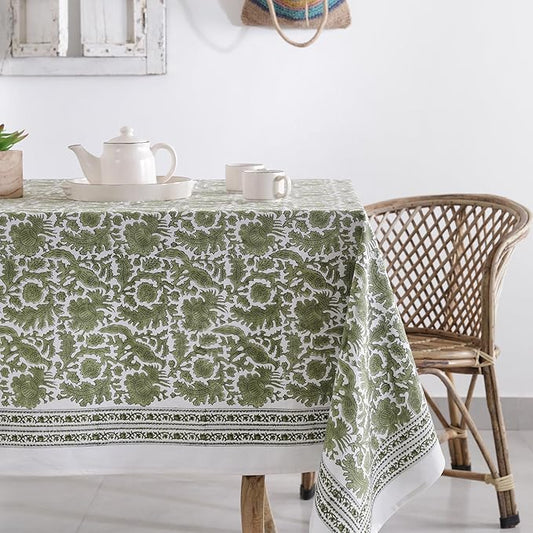 Labhanshi Indian Handblock Print Pre-Washed Cotton Floral Table Cloth|Reusable Rectangle 72x108 Inch 8-Seater Dining Tablecloth|Spring Easter St. Patrick Decorative Table Cover|Moss Green Bird