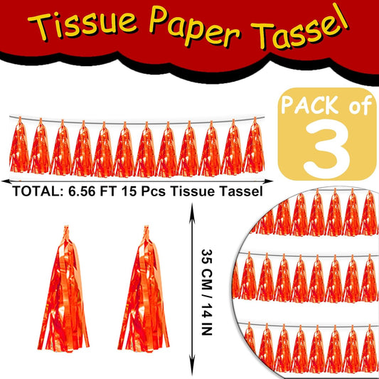 3P Orange Tassel Banner Garland Metallic Foil Fringe Banner Tinsel Tassels Streamer Banner Backdrop for Parade Floats, Graduation Decorations, Father's Day, Fall, Thanksgiving Party Decoration
