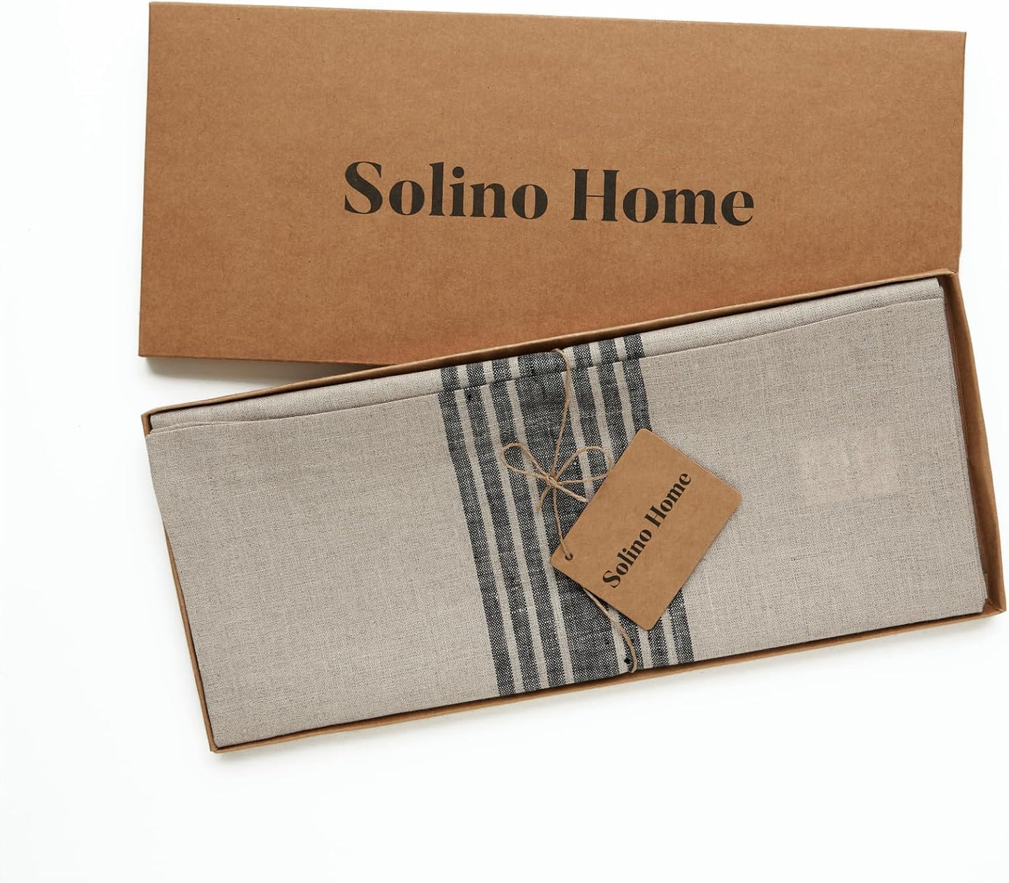 Solino Home Linen Table Runner 48 Inches - 100% Pure Linen Black and Natural Farmhouse Table Runner 14 x 48 Inch Ideal for Dresser and Coffee Tables - Thanksgiving, Holiday