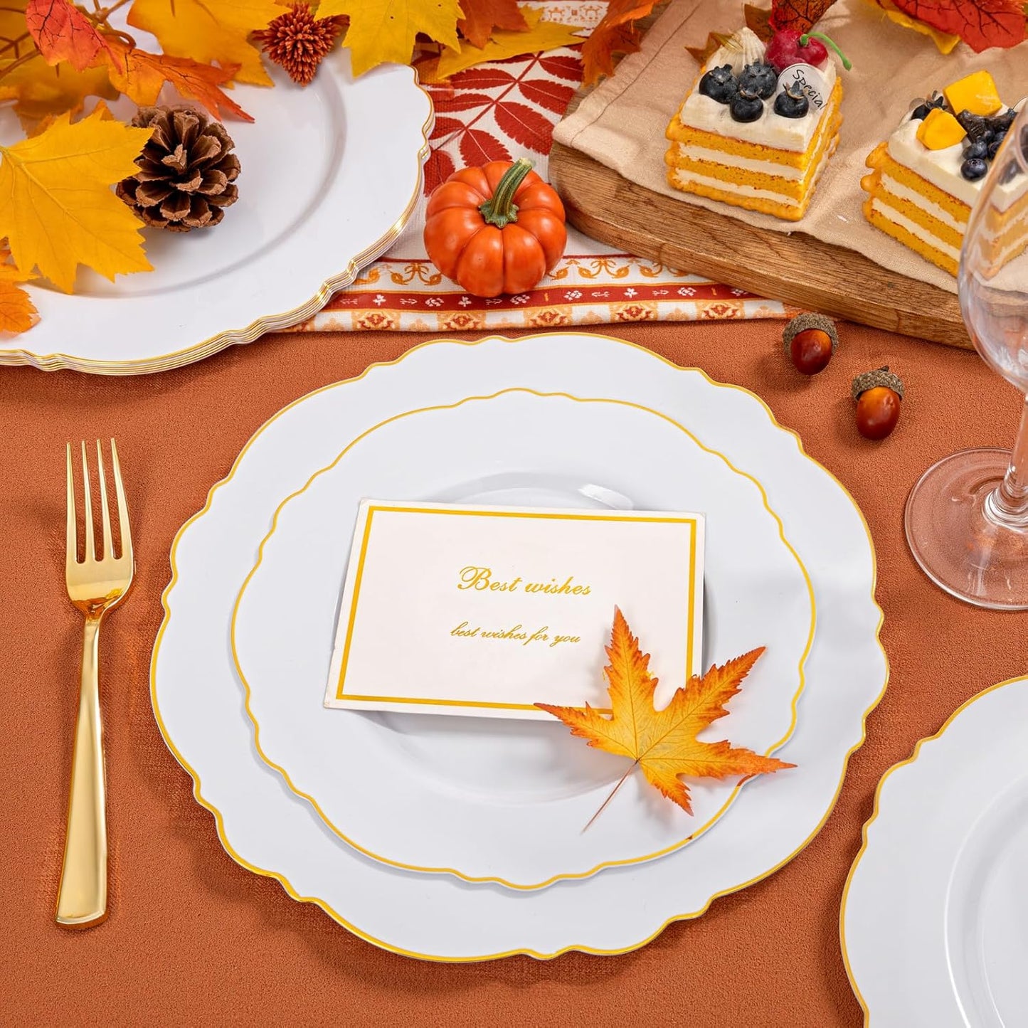 WDF 60pcs White and Gold Plastic Plates - Baroque White With Gold of 30 Heavy Duty Gold dinner plates 10.25inch, 30 Salad Plates 7.5inch Perfect for Thanksgiving Weddings/Party/Birthday
