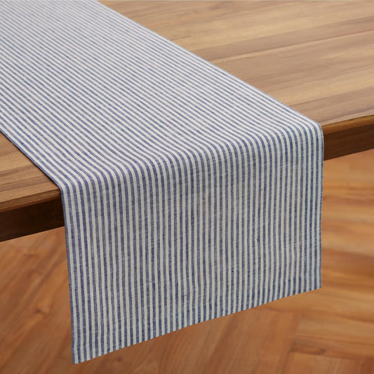 Solino Home Linen Table Runner 72 Inches Long - Narrow Stripe, 100% Pure Linen Navy and White Table Runner 14 x 72 Inch for Dining, Dresser, Fall, Autumn, Halloween, Thanksgiving, Christmas